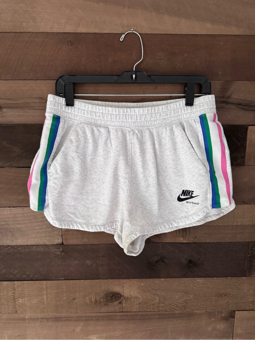 Nike Women's Light Gray Athletic Shorts with Rainbow Side Stripes
